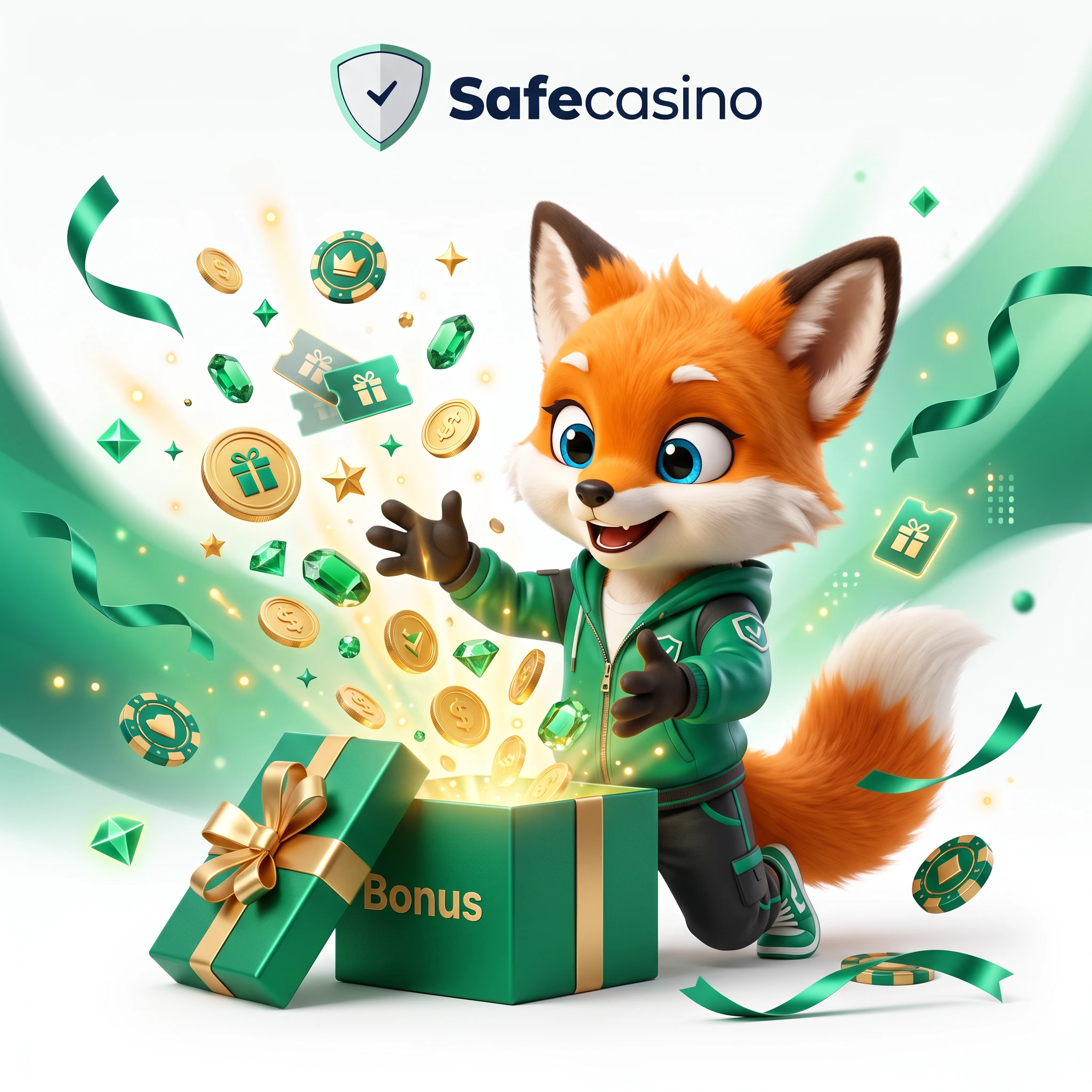 SafeCasino fox mascot with a welcome rewards box