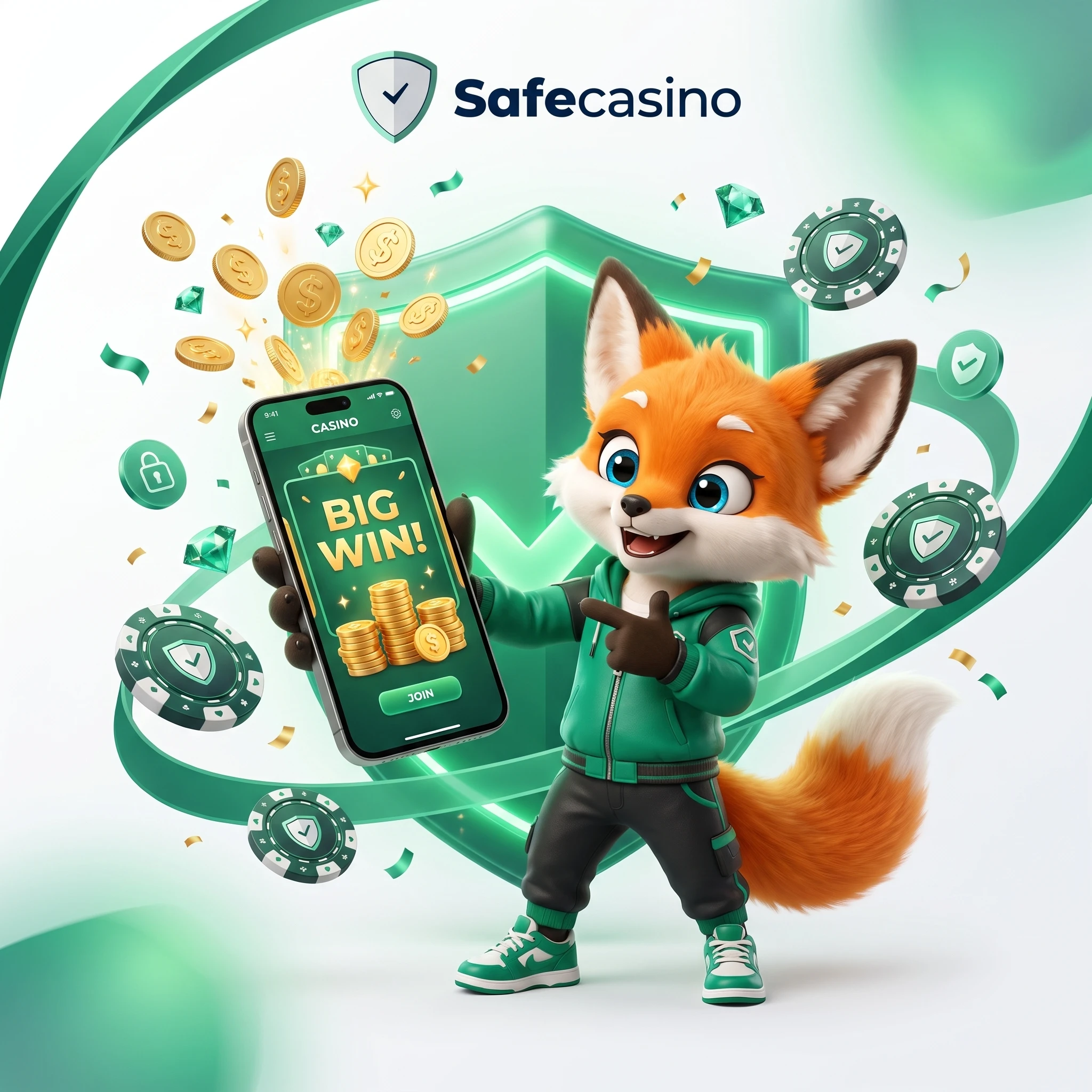 SafeCasino fox mascot with casino games and coins