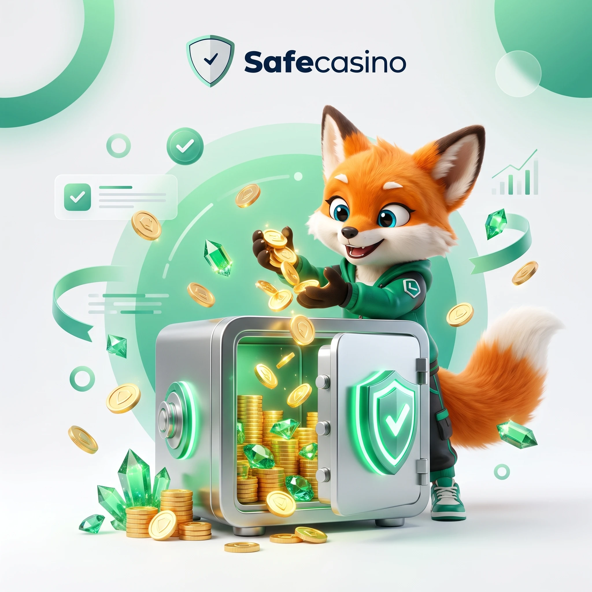 SafeCasino fox mascot beside a secure vault